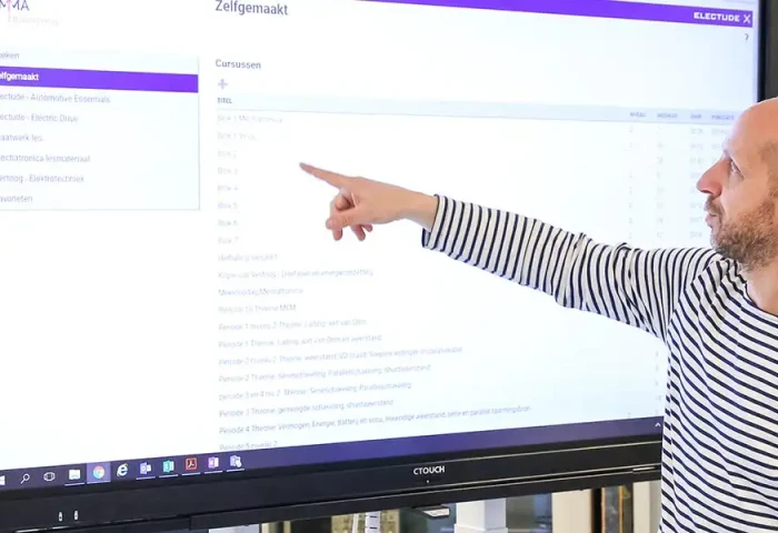 Docent wijst is aan op een groot digitaal bord