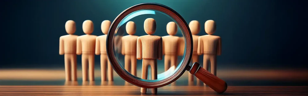 Afbeelding van houten poppetjes met een vergrootglas ervoor