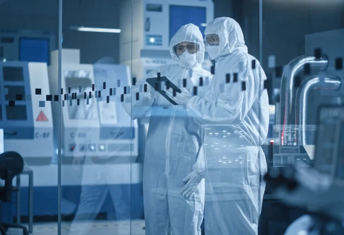 Twee mensen overleggen in een cleanroom. Je kijkt van buiten de cleanroom naar binnen.